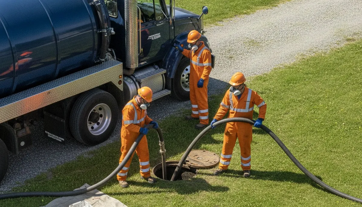 Septic pumping truck serving Savannah, GA homes during wet weather for reliable plumbing service