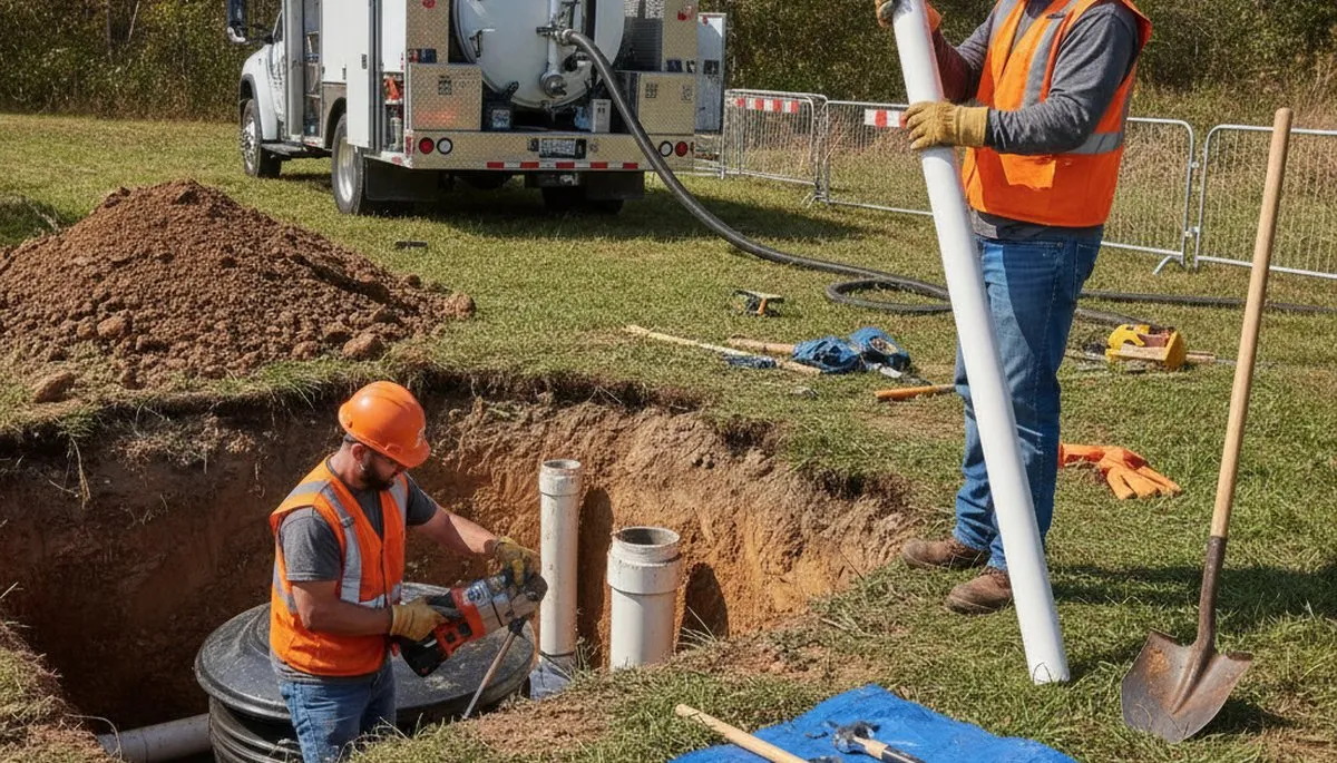 Septic repair technician inspecting home septic system in Savannah, GA